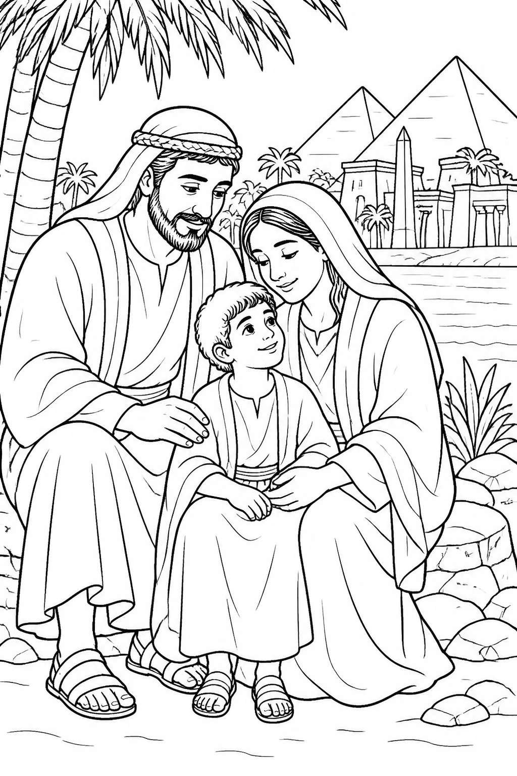 Mary, Joseph, and Jesus together in a quiet Egyptian setting, representing their protected stay in Egypt until Herod dies.