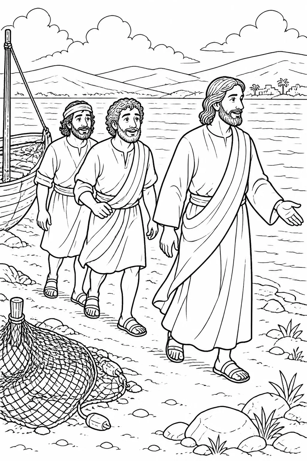 Jesus leads Simon Peter and Andrew along the shore of the Sea of Galilee while their fishing net is left behind.