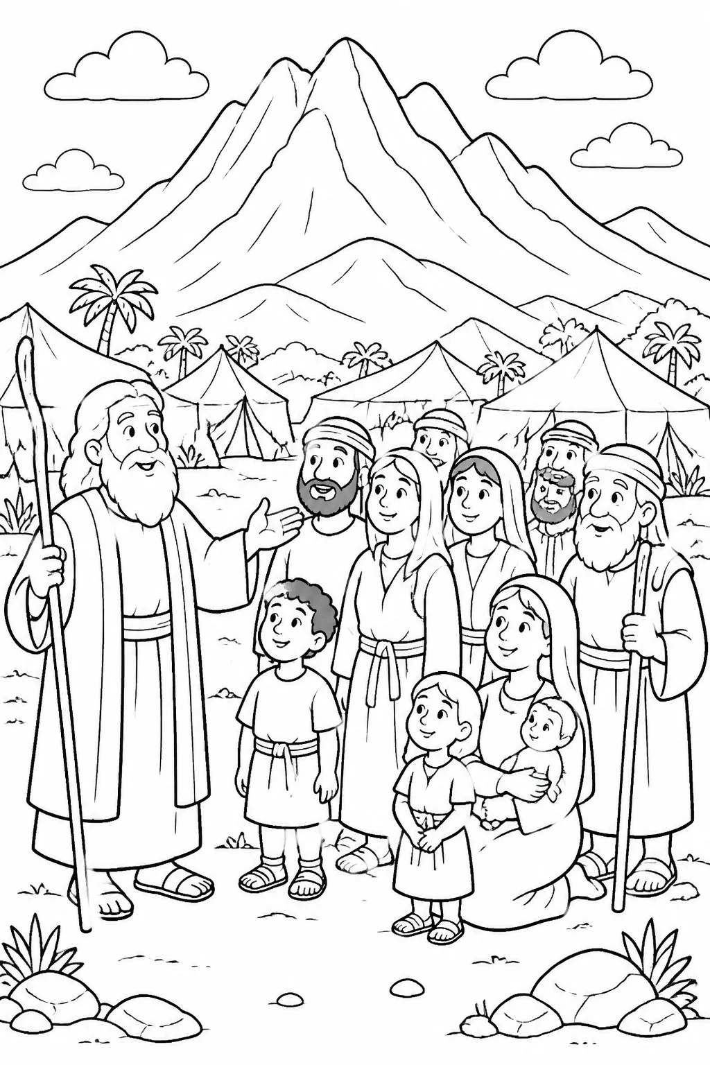 Moses and the people of Israel gathered at their camp in the Wilderness of Sinai before Mount Sinai.