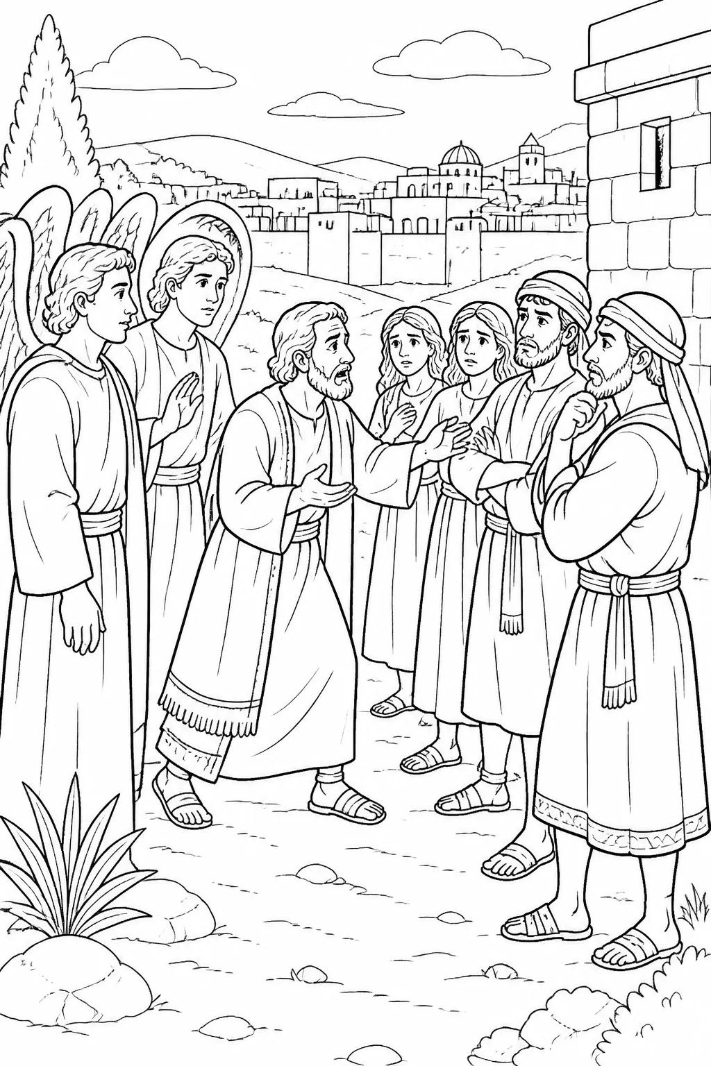 Lot urgently warns the men pledged to marry his daughters while two angels warn him about Sodom; Lot’s two daughters and the city are present.