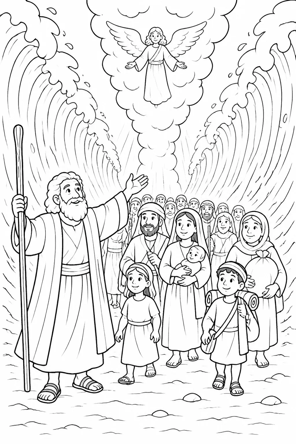 Moses leads the Israelites across dry ground between walls of water in the Red Sea while the pillar of cloud stands between Israel and the Egyptians.