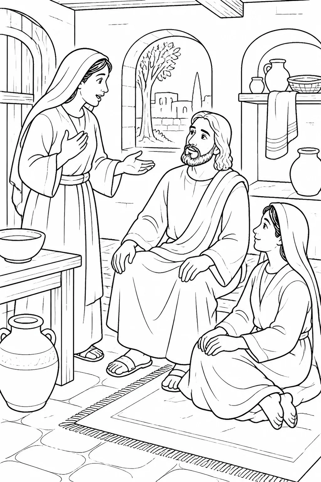 Jesus, Martha, and Mary in Martha’s home: Martha turns to Jesus with concern while Mary sits at Jesus’ feet listening.