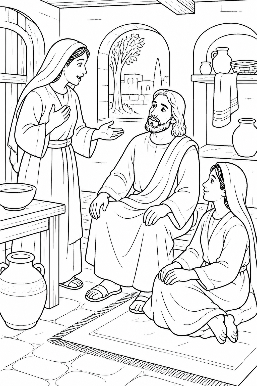 Martha Feels Overwhelmed from Jesus Visits Mary and Martha Bible coloring page