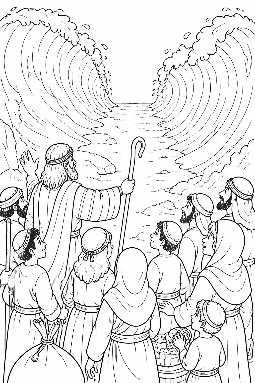Moses stretches out his hand with his staff toward the Red Sea as the LORD opens a dry path for the Israelites.