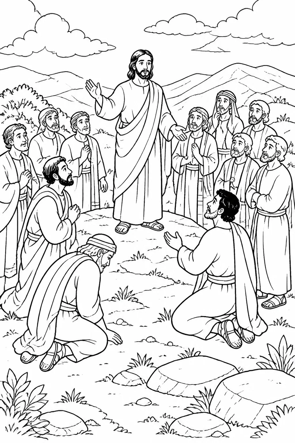 Jesus meets the eleven disciples on an unnamed mountain in Galilee; some worship him while others show uncertainty, reflecting Matthew 28:16–17.