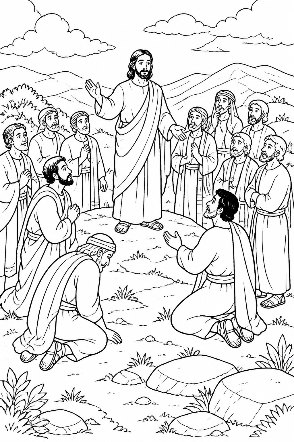 The Disciples Meet Jesus on the Mountain from The Great Commission Bible coloring page