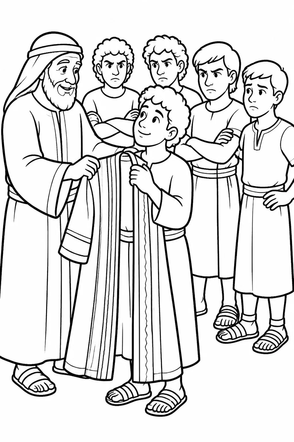 Jacob presents Joseph with a distinctive long garment while Joseph’s brothers stand nearby with unhappy expressions, illustrating favoritism and family tension from Genesis 37:1–4.