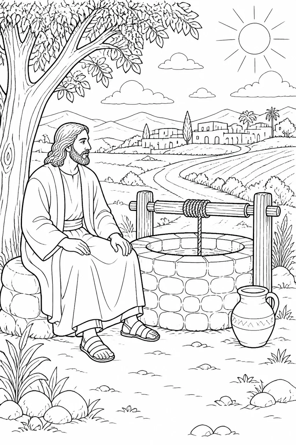 Jesus sitting beside Jacob’s well near Sychar around noon, with a nearby field and bright midday light after his journey through Samaria.