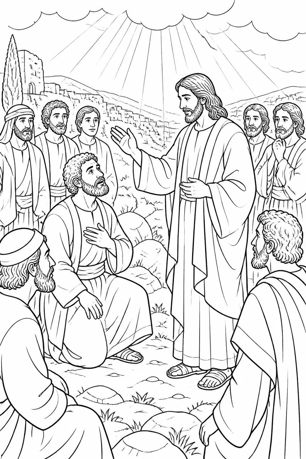 Jesus blesses Simon Peter after Peter confesses that Jesus is the Christ, while the disciples listen; the Father in heaven is represented through the passage’s words or restrained heavenly light.
