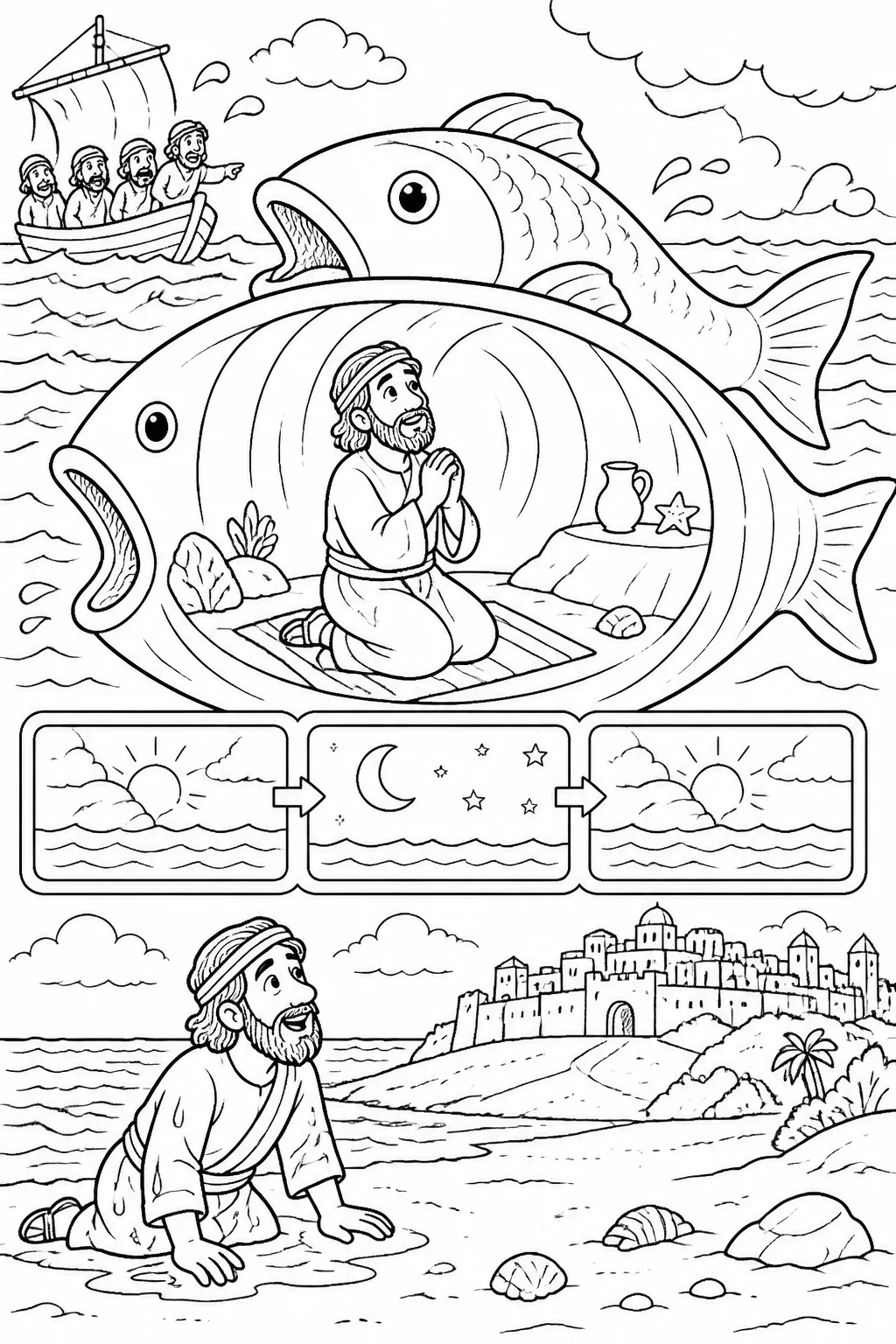 Jonah praying inside a great fish in the sea, with a sequence showing three days and three nights before his release onto dry land.