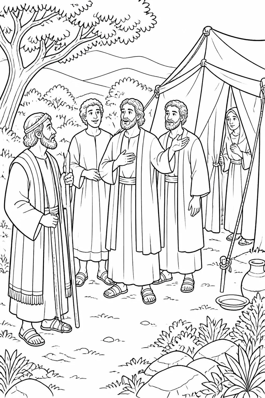 Abraham stands beside his tent near three visitors while Sarah listens at the tent entrance as a visitor announces the promise of a son.