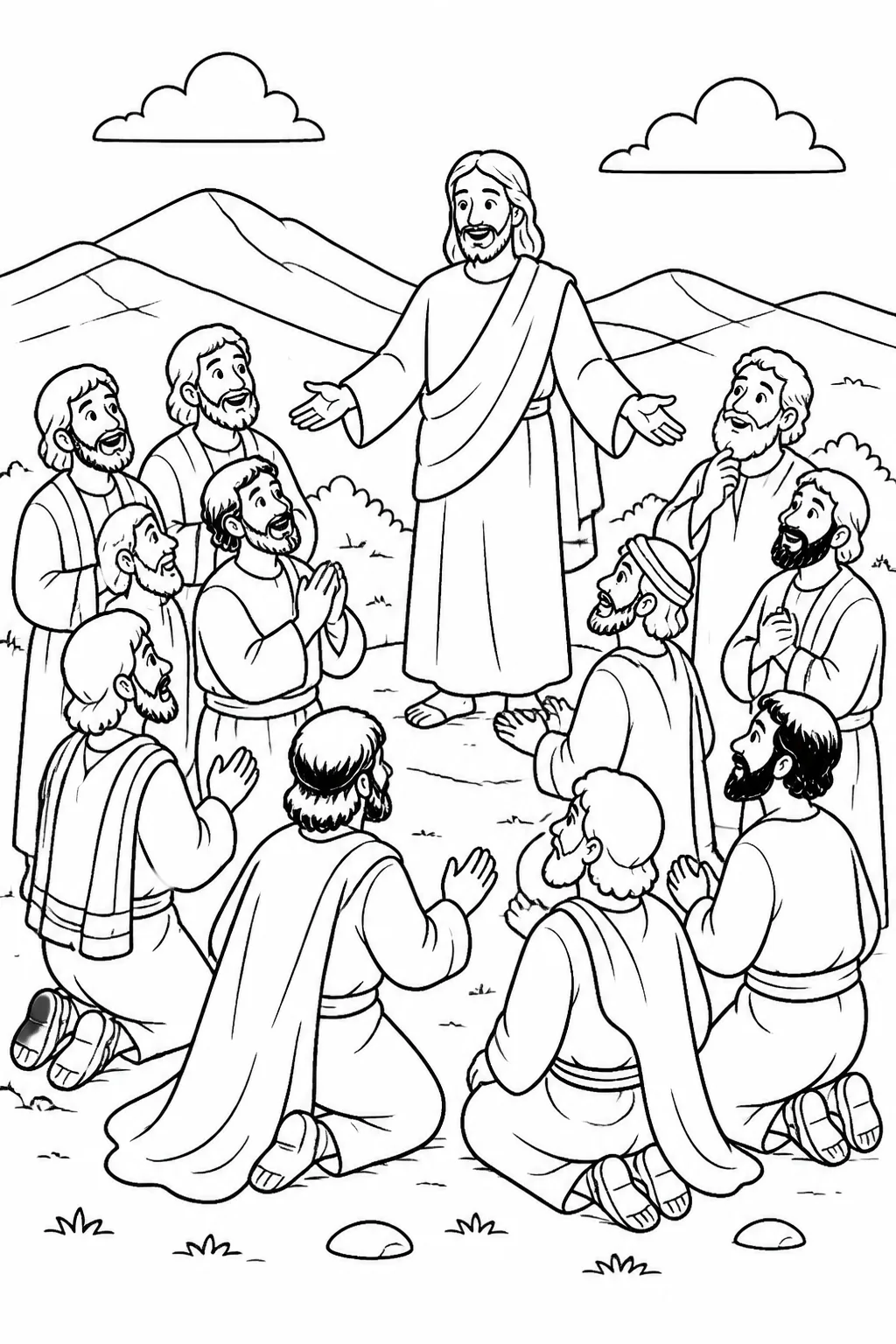 Jesus meeting the eleven disciples on a mountain in Galilee, as described in Matthew 28:16-17.