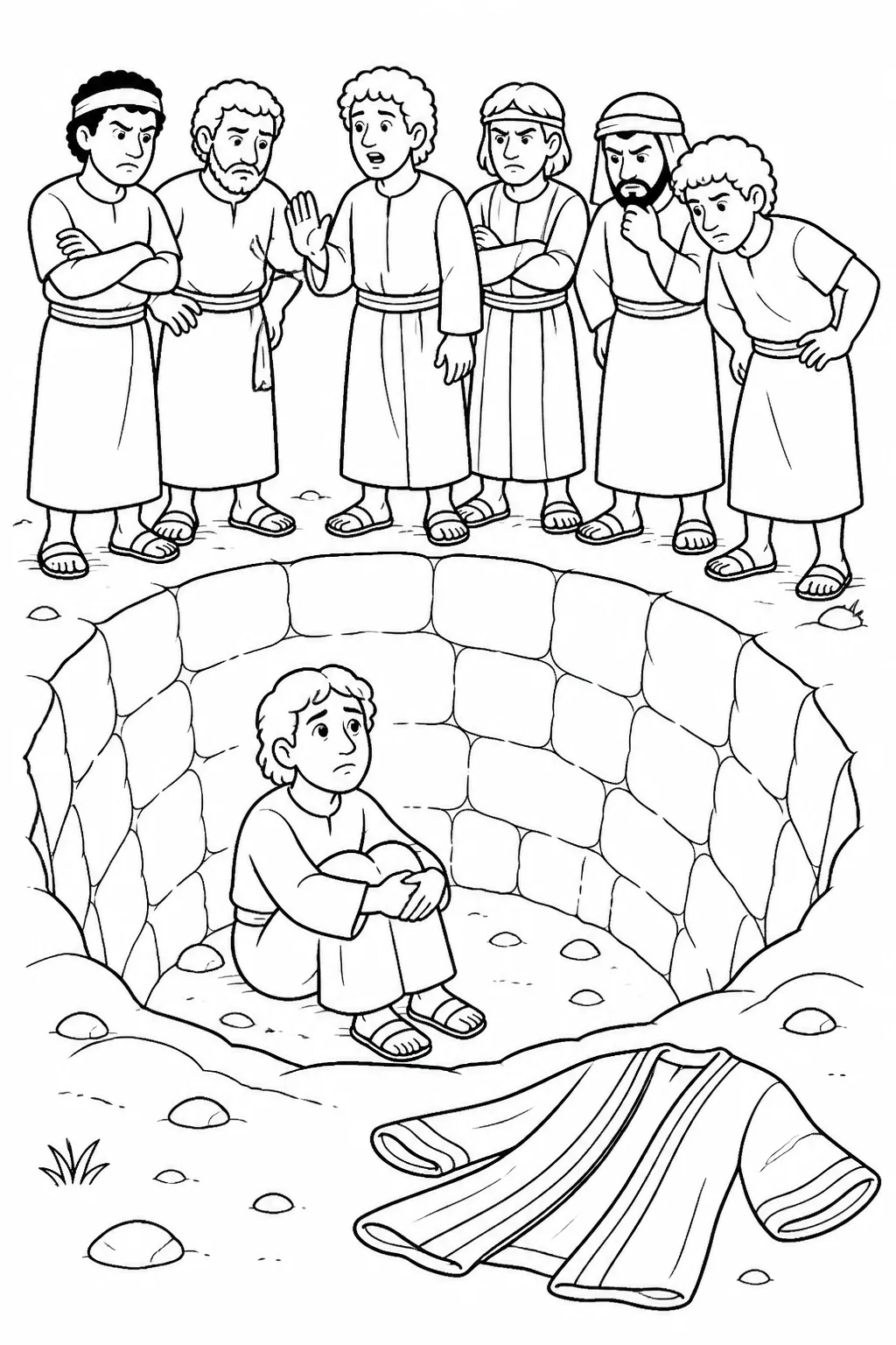Joseph in an empty pit with his brothers above him, Reuben gesturing for restraint, and Joseph’s garment outside the pit.