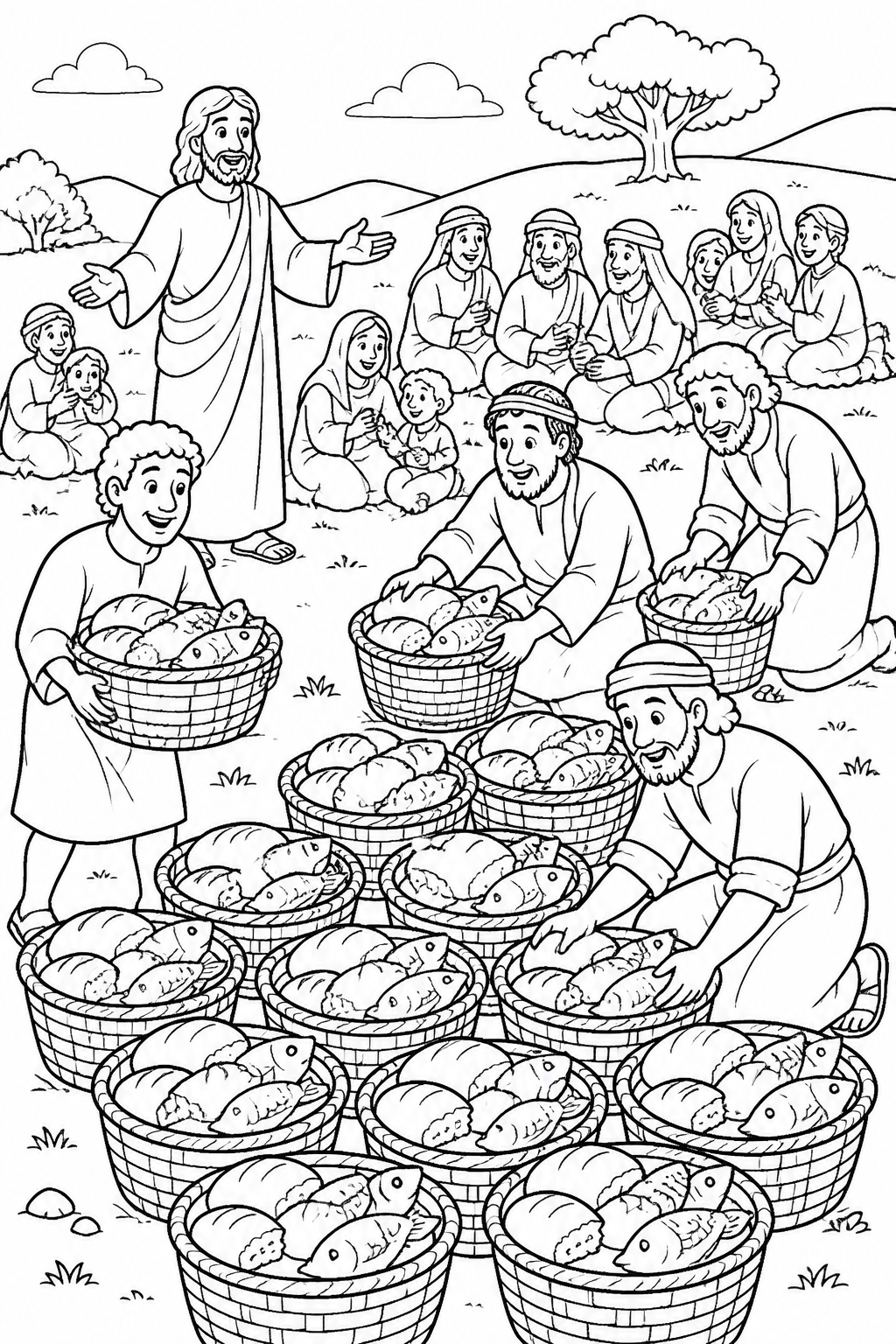 Twelve Baskets Remain from Jesus Feeds Five Thousand Bible coloring page