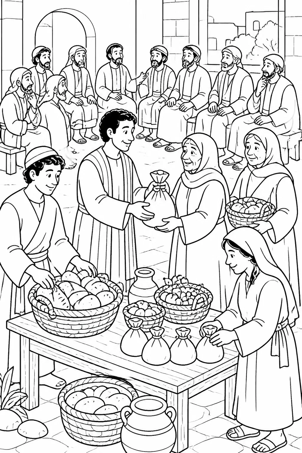 Stephen, the apostles, and disciples organize fair daily care for widows at tables with baskets of food in the Jerusalem church.