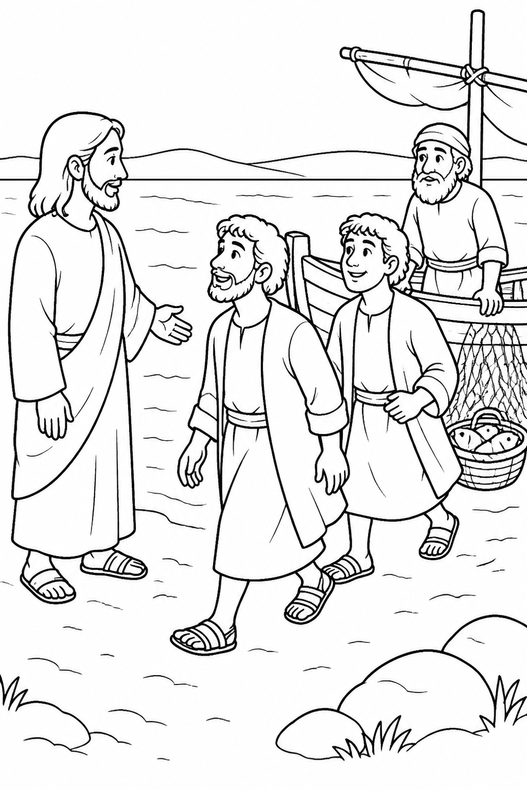 James and John Follow Jesus from Jesus Calls His First Disciples Bible coloring page