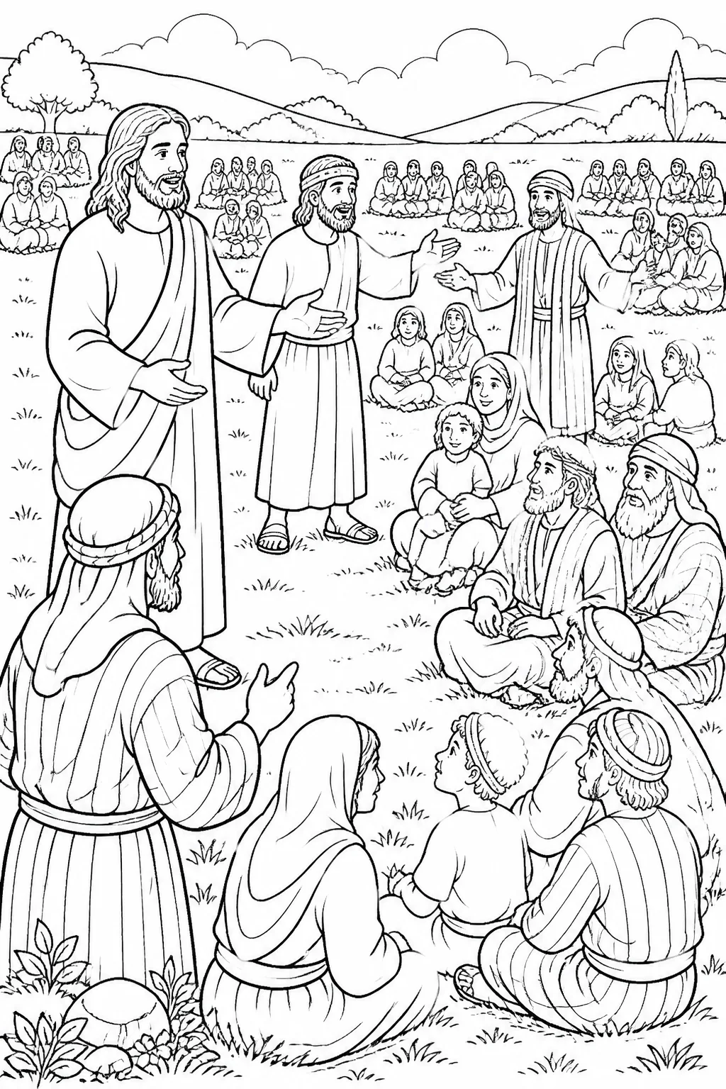 Jesus and the disciples help a crowd sit in organized groups on green grass, as described in Mark 6:39–40.