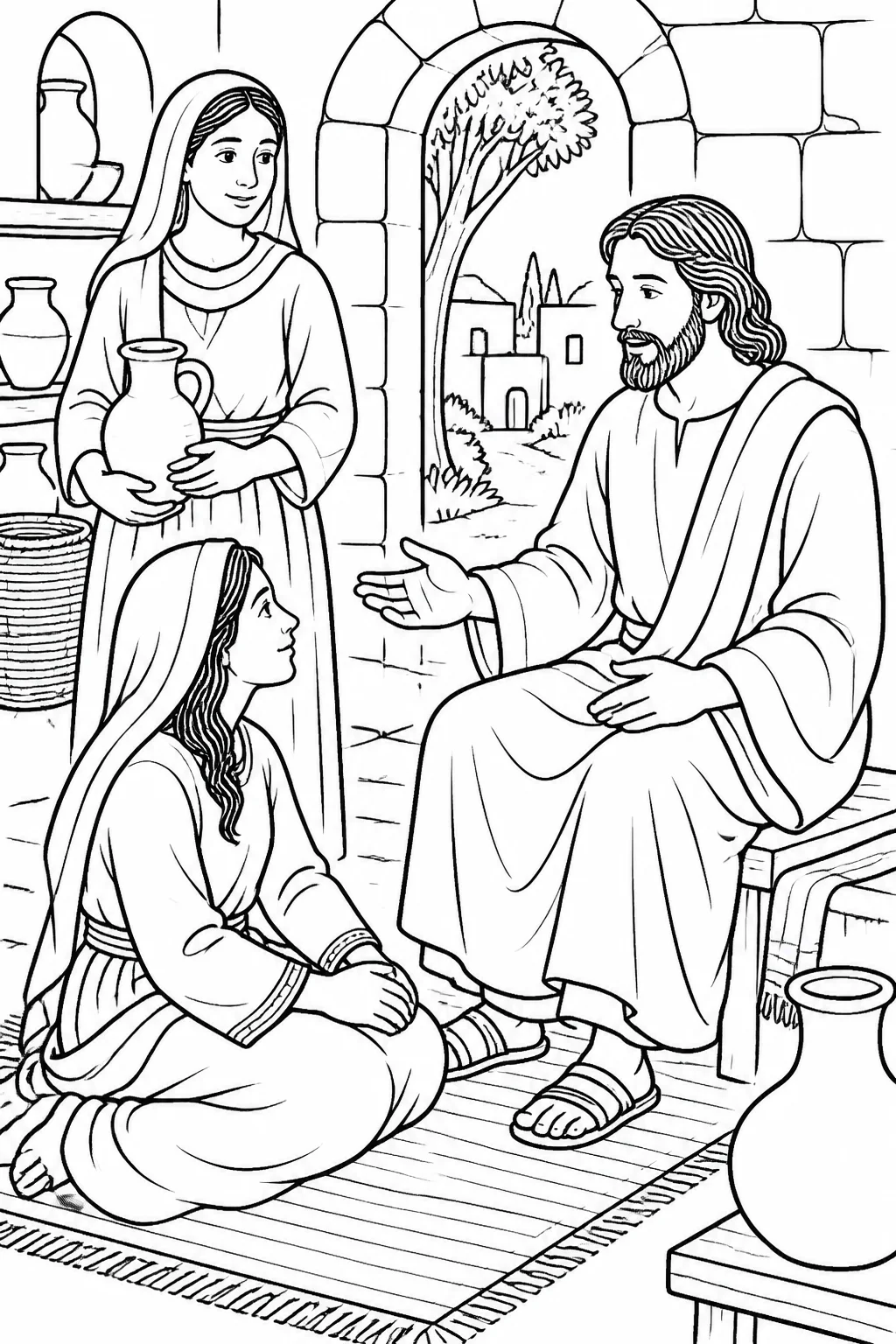 Jesus speaks in Martha’s home while Mary sits at his feet listening and Martha stands nearby after serving.