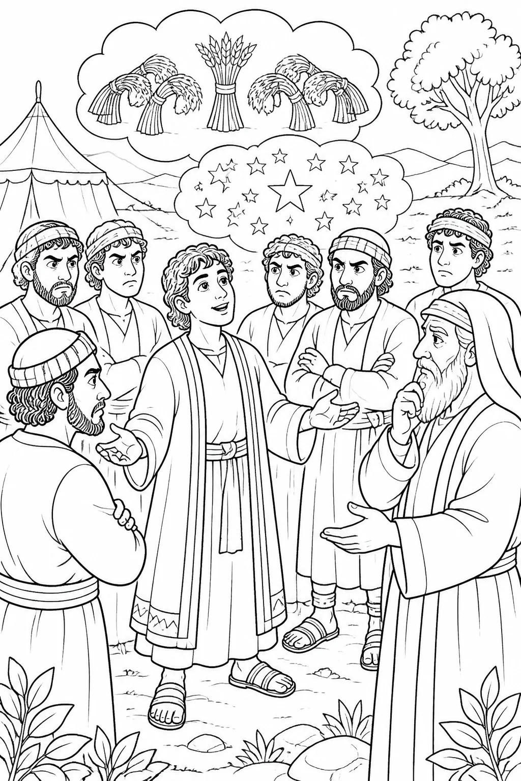 Joseph tells his brothers about dreams involving bowing sheaves and stars while Jacob responds thoughtfully.