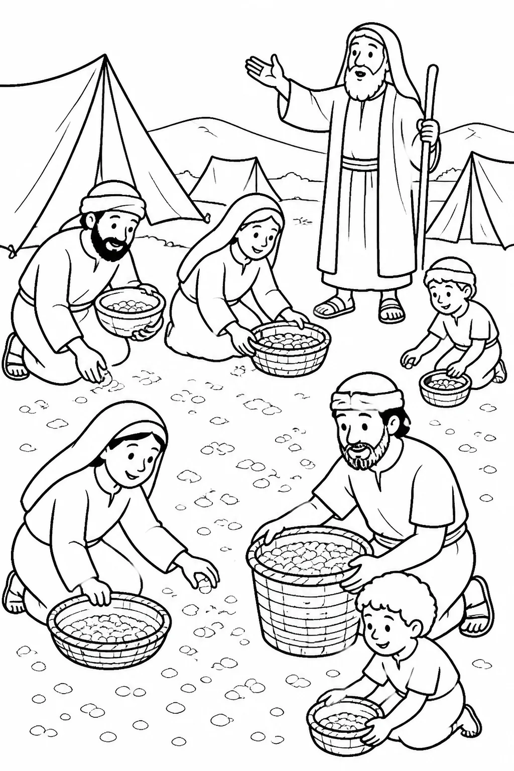 Moses gives instructions while Israelites gather manna in containers around their tents.