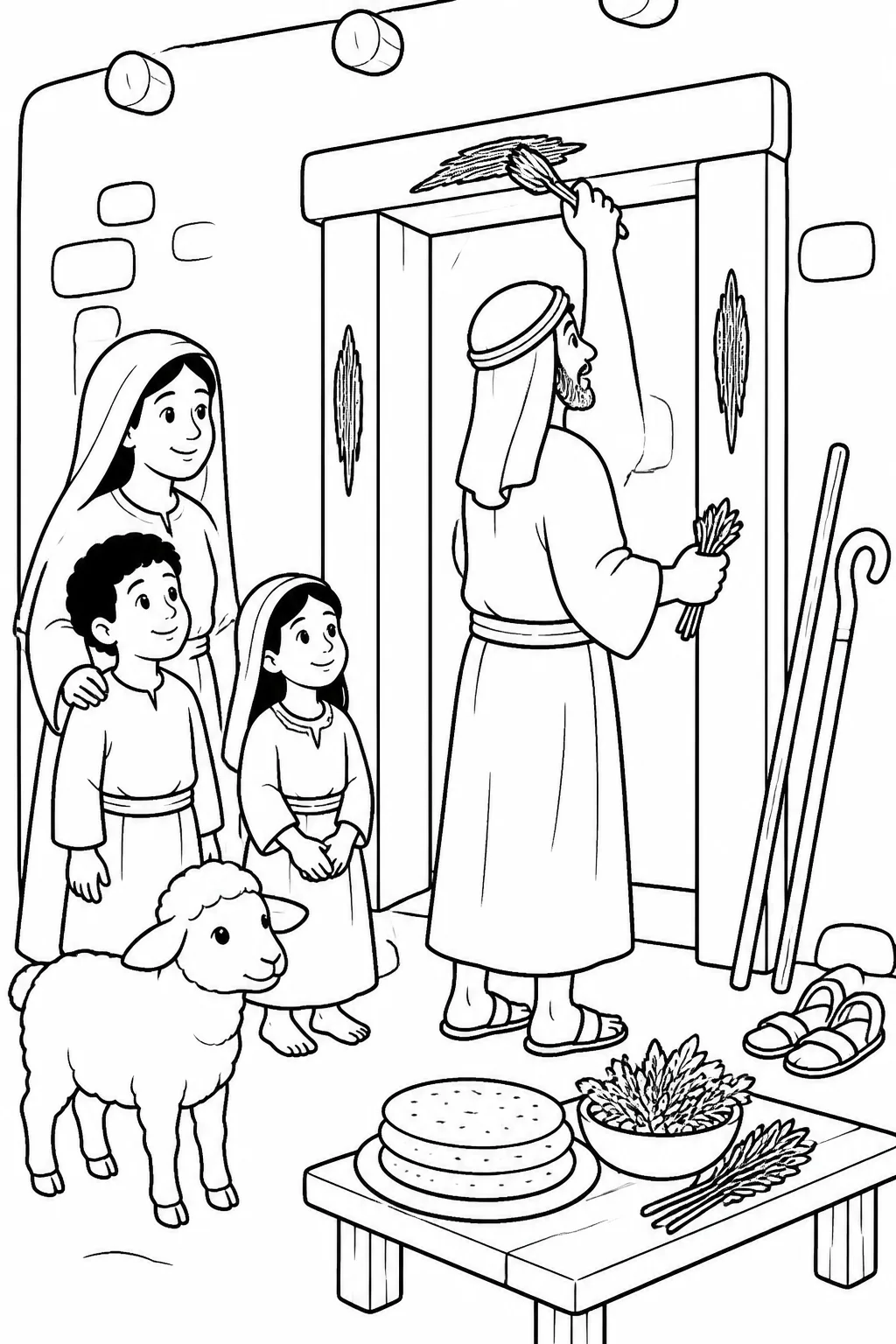 An Israelite family near its home prepares for the first Passover as an adult marks the doorway and lamb, unleavened bread, bitter herbs, staffs, and sandals represent the instructions in Exodus 12:1-13.