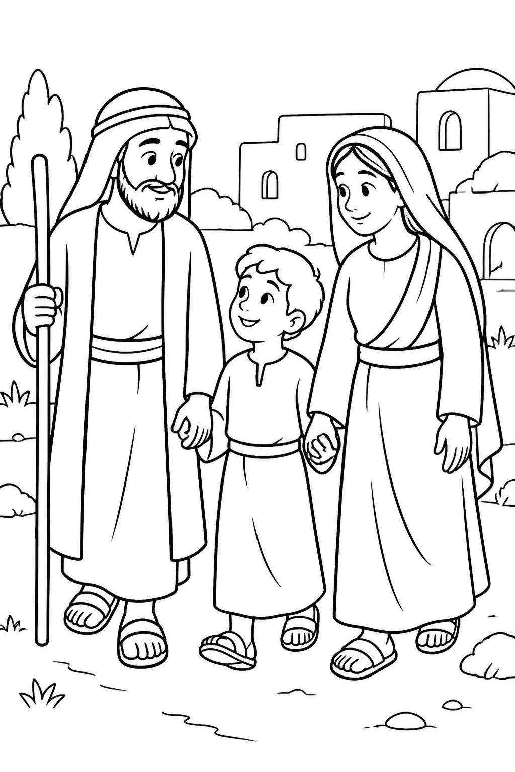 Jesus with Mary and Joseph in Nazareth, illustrating Luke 2:51–52 and Jesus’ obedience and growth.