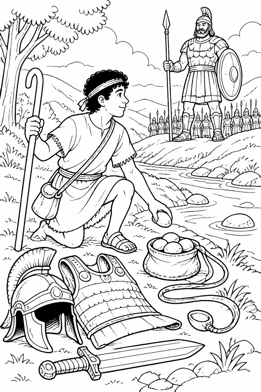 David removes Saul’s armor and gathers five smooth stones from a brook, placing them in his shepherd’s bag while holding his staff and sling.