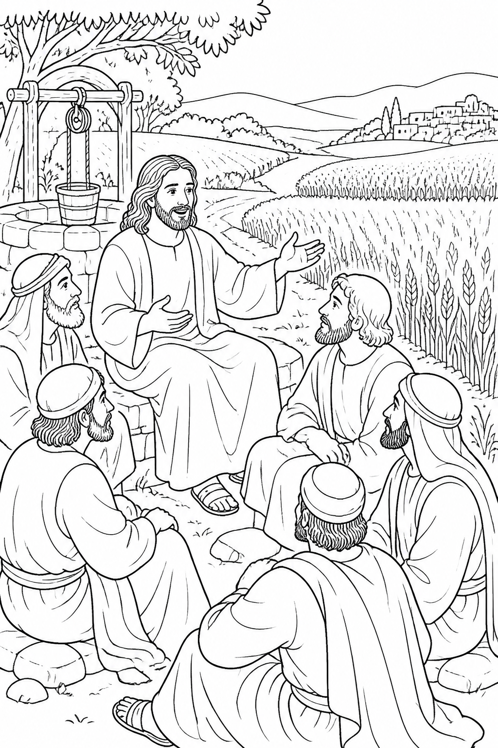 The Harvest Jesus Describes from Jesus and the Samaritan Woman Bible coloring page