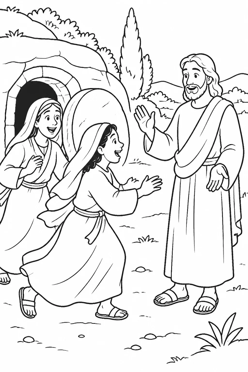 Illustration concept of Jesus meeting Mary Magdalene and the other Mary near the tomb after his resurrection, greeting them, telling them not to fear, and sending them to share a message.