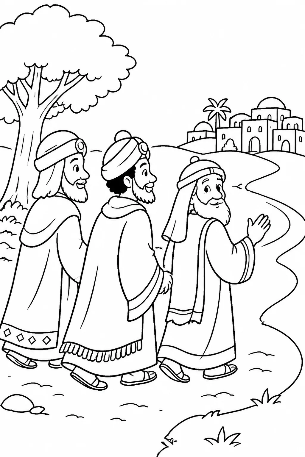 Magi from the east returning to their country by another way after being warned in a dream not to return to Herod.