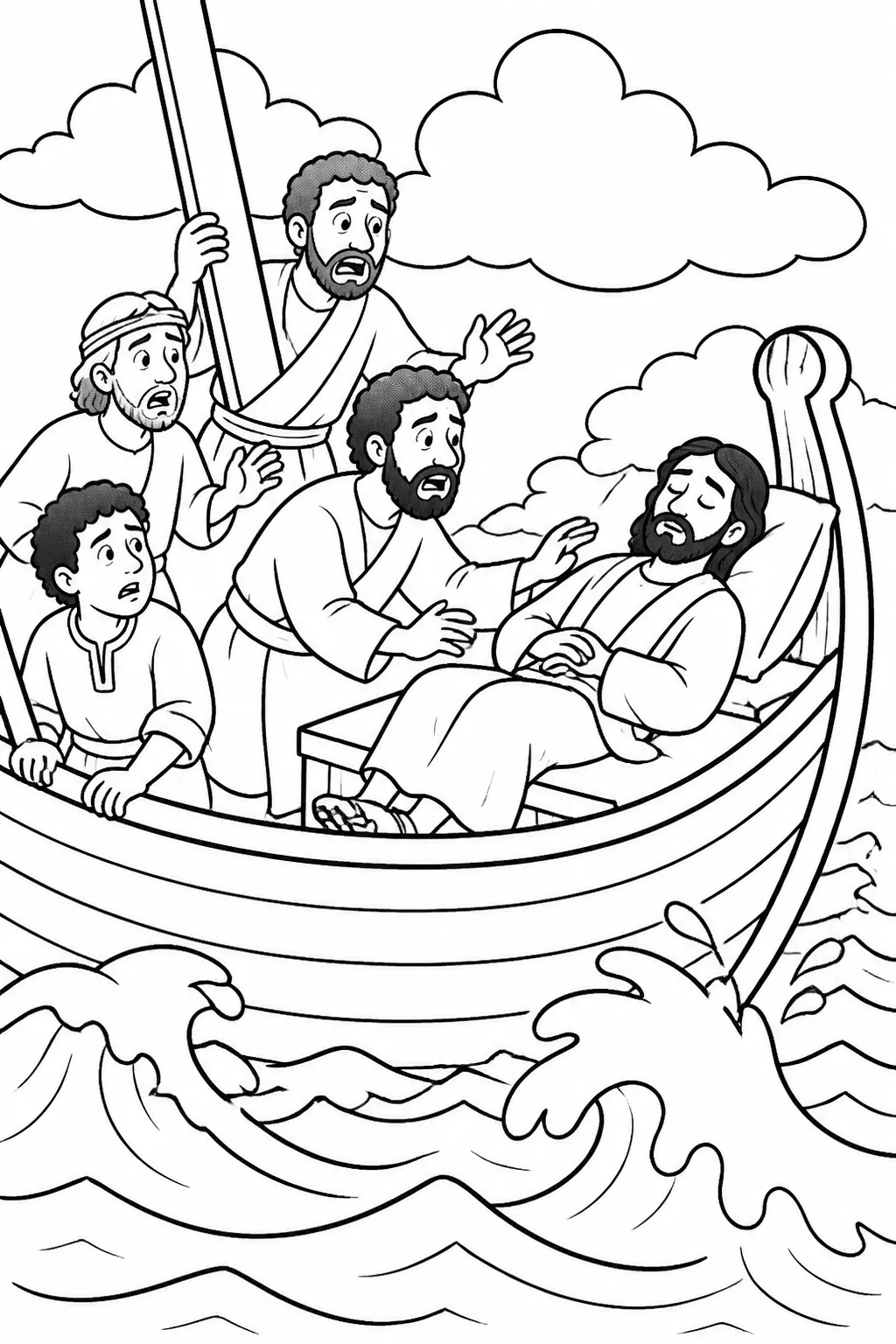 Jesus asleep on a cushion in the stern of a boat while several disciples approach to wake him, from Mark 4:38.