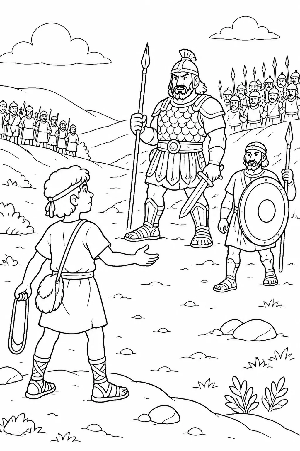 David faces armored Goliath across the battle line, holding a sling while Goliath carries his sword, spear, and javelin.