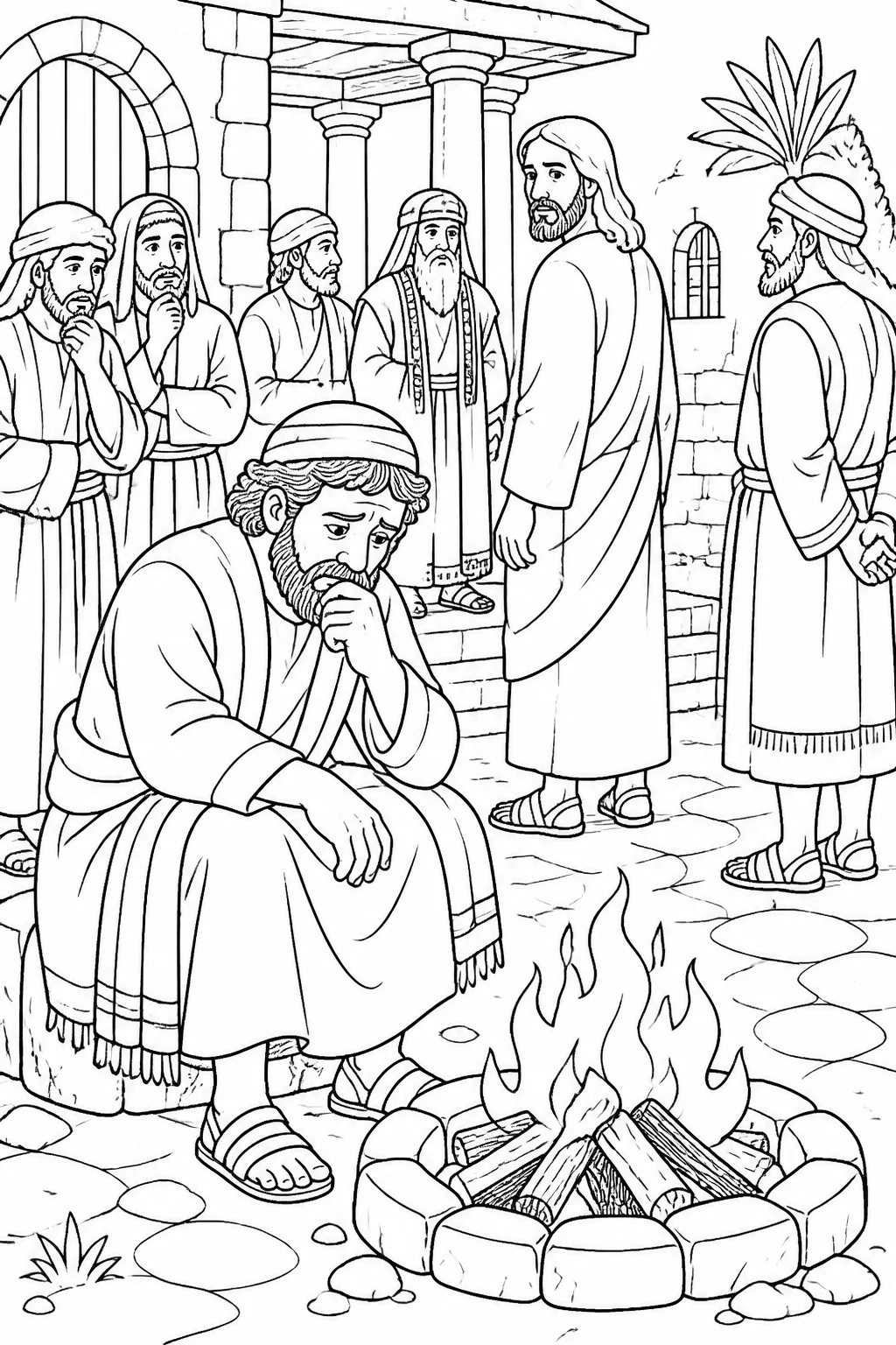 Peter sitting near a courtyard fire at the high priest’s house while Jesus looks toward him after Peter’s third denial, based on Luke 22:54–62.