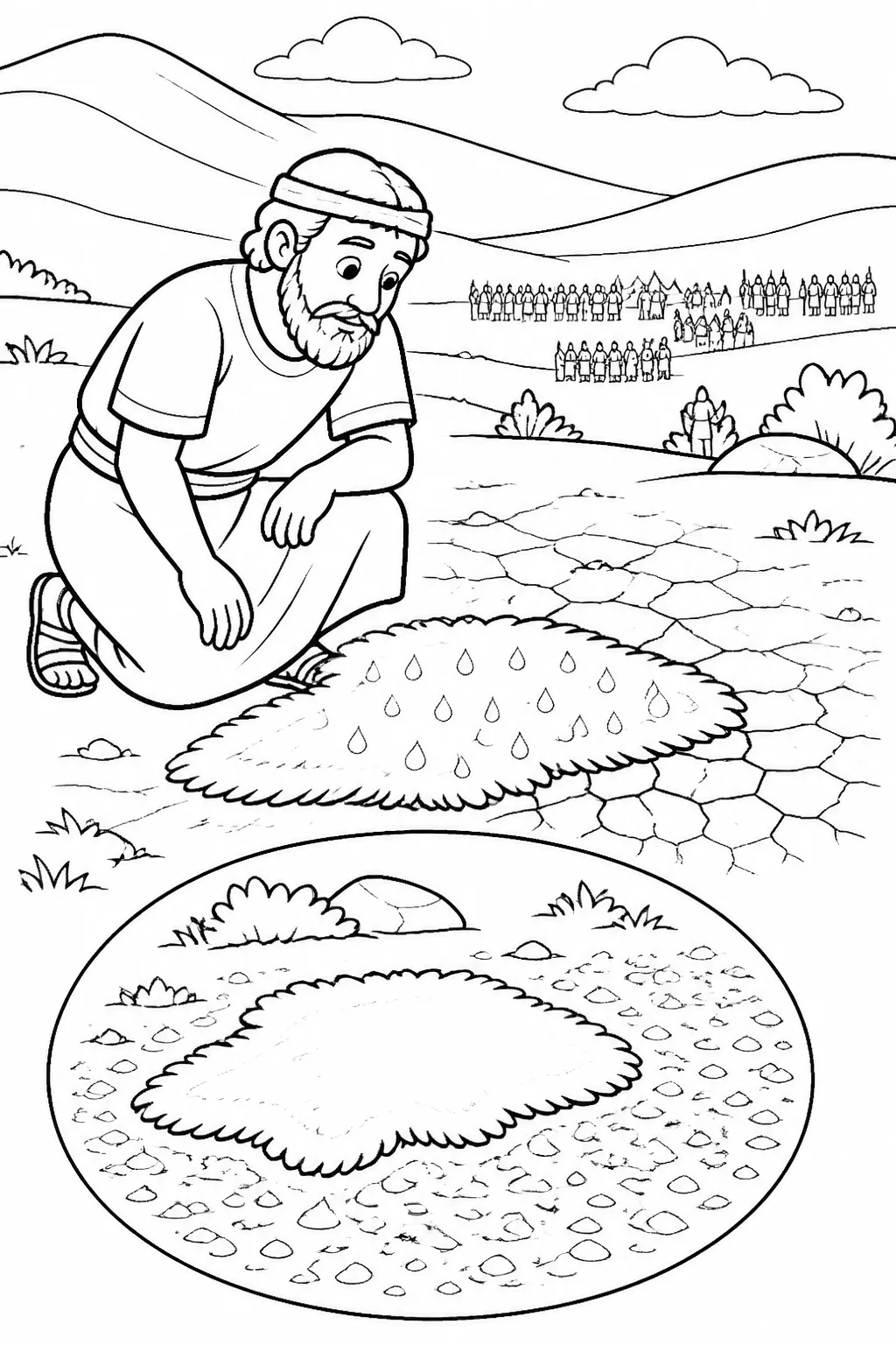 Gideon beside a fleece showing dew on the fleece and dry ground, with an inset showing a dry fleece and dew-covered ground.