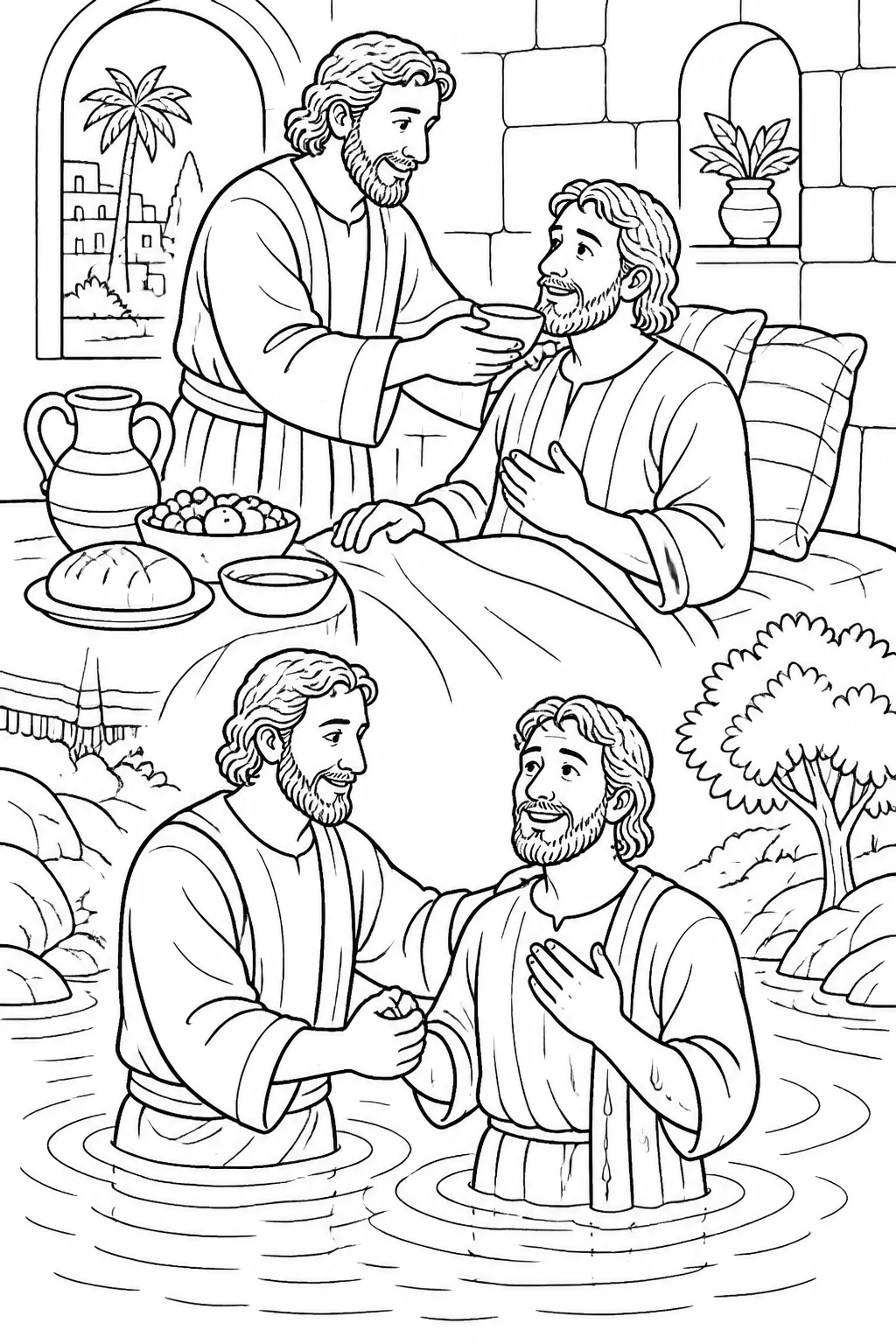 Ananias cares for Saul in a house in Damascus as Saul receives sight, with water representing baptism and food showing restored strength.