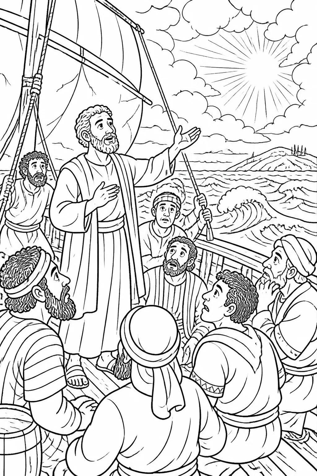 Paul encouraging passengers and sailors on a storm-tossed ship, with storm clouds, waves, a distant island, and a subtle radiant angelic presence.