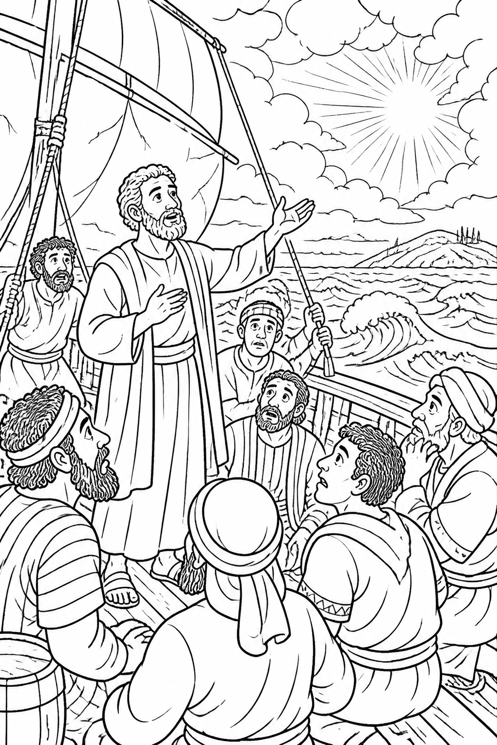 Paul Encourages Everyone in the Storm from Paul Survives a Shipwreck Bible coloring page