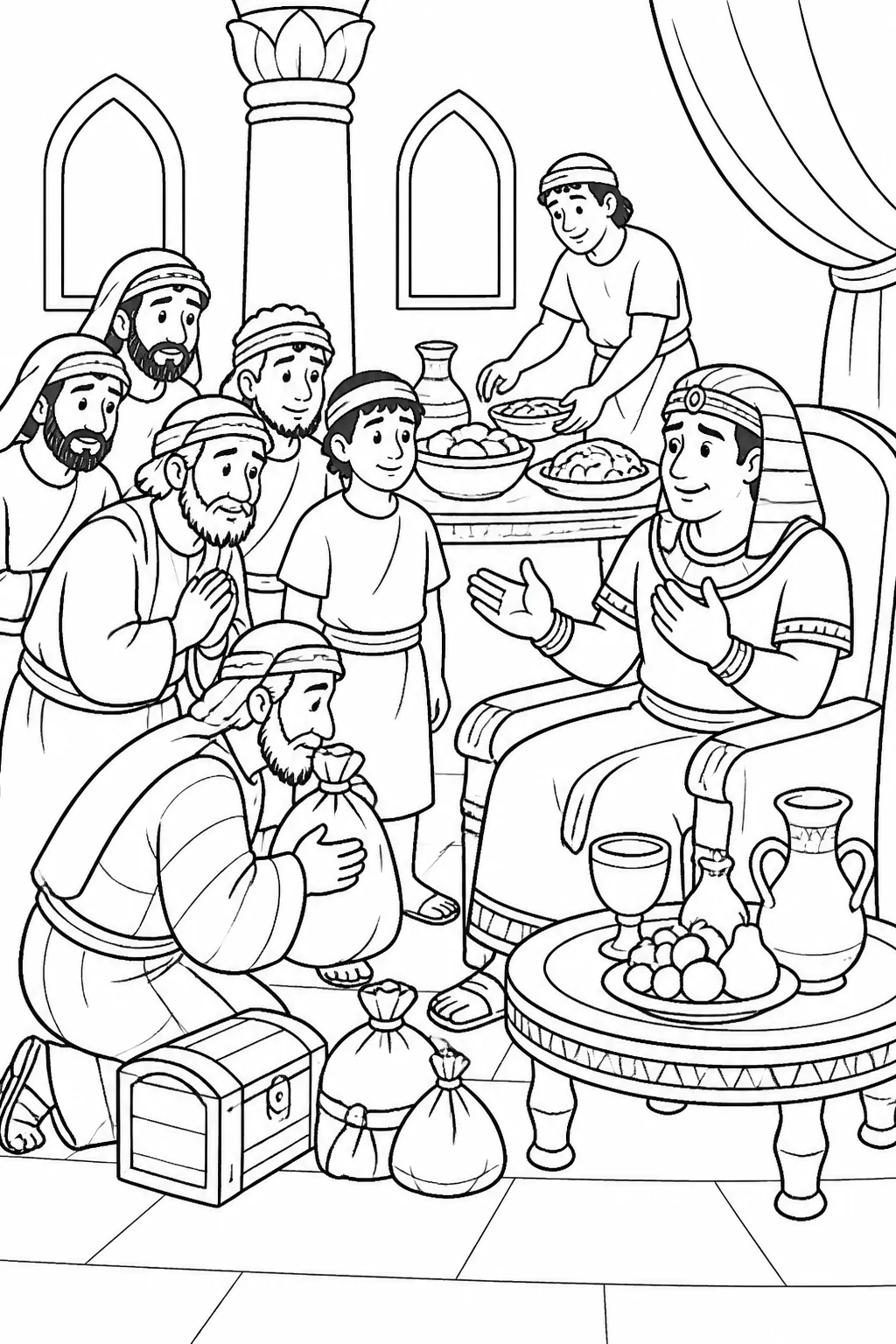 Joseph’s brothers bow before Joseph and present gifts at his house in Egypt while Benjamin and Simeon are present and a meal is prepared at separate tables.