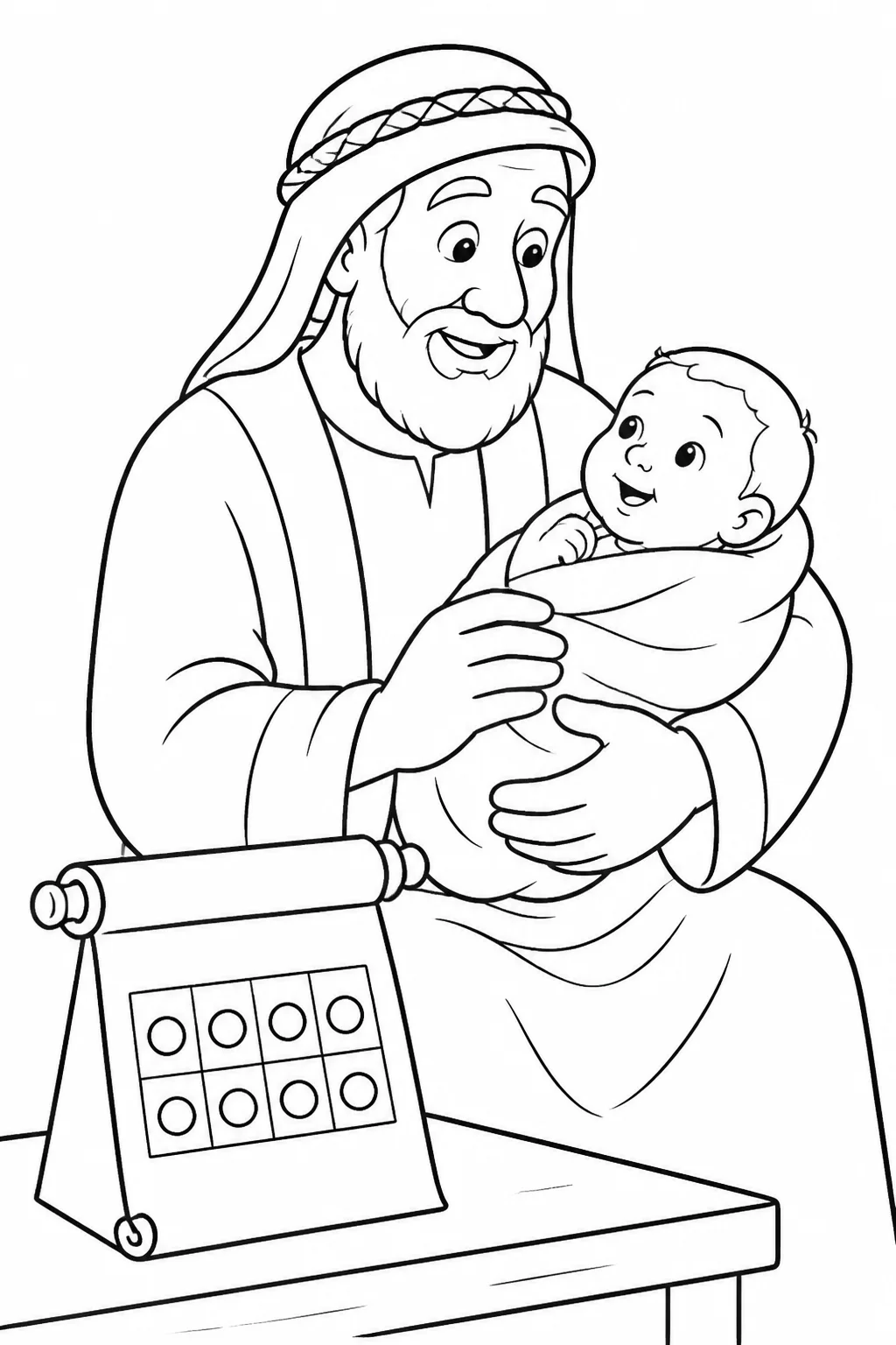 Abraham caring for infant Isaac beside a simple scroll or calendar marked “eight days,” representing Abraham’s obedience to God’s command.
