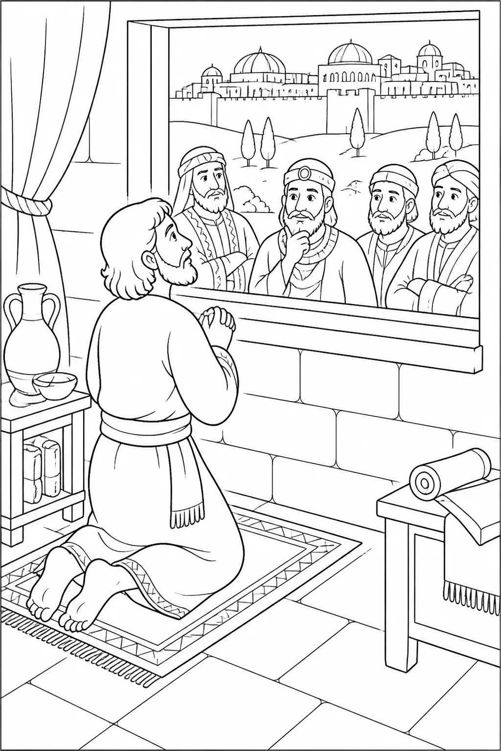 Daniel kneeling in prayer at an open upstairs window facing Jerusalem while administrators and satraps observe outside.