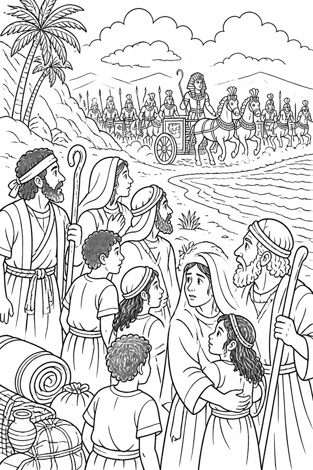 Pharaoh and the Egyptian army approach the Israelites’ camp beside the Red Sea with horses, chariots, and horsemen.