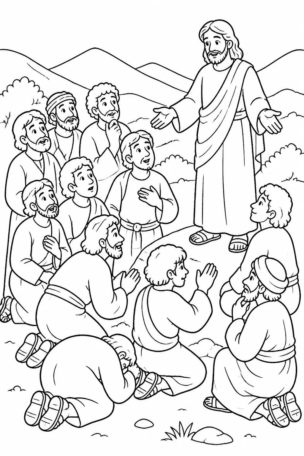 Jesus meets the eleven disciples on an unnamed mountain in Galilee; some worship him while others show uncertainty, reflecting Matthew 28:16–17.