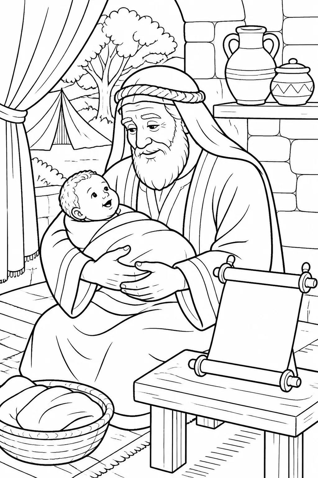 Abraham caring for infant Isaac beside a simple scroll or calendar marked “eight days,” representing Abraham’s obedience to God’s command.