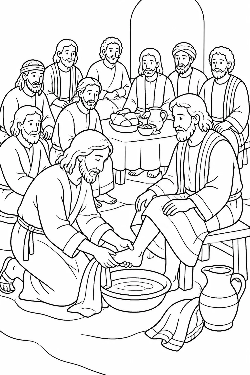 Jesus prepares to wash one disciple’s feet during a supper setting while other disciples wait nearby; a towel, basin, water, and outer garments are central.