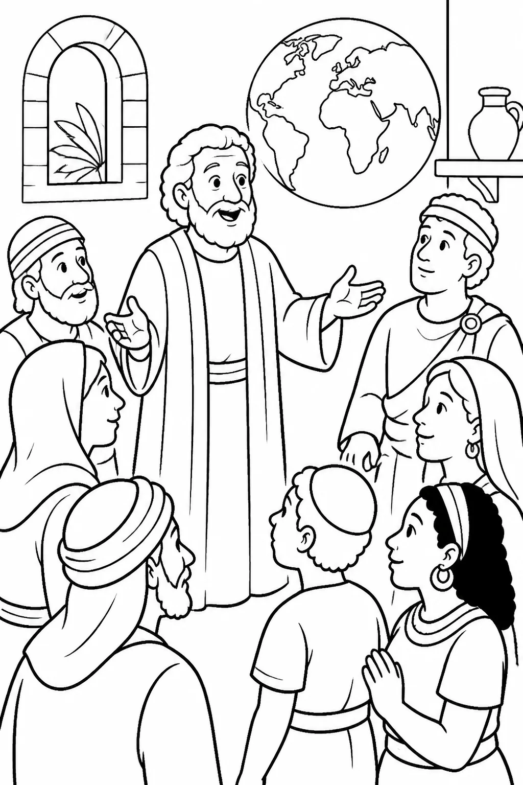 Peter speaking inside Cornelius’s house to Cornelius’s relatives, close friends, and guests from different backgrounds, illustrating Acts 10:34–43.