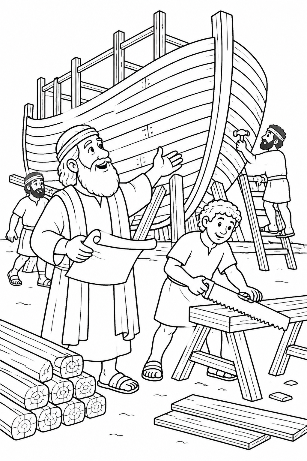 Noah builds the Ark from Noah’s Ark Bible coloring page