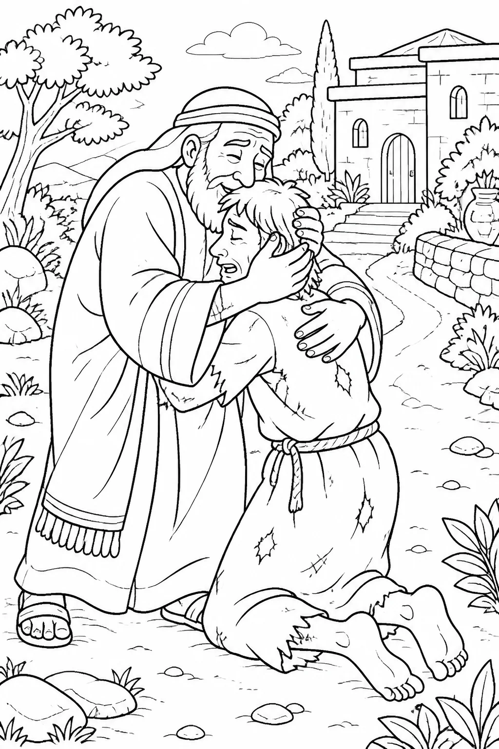 Illustration concept of the father seeing his returning younger son, running to embrace and kiss him near the father’s house as the son begins an honest confession.