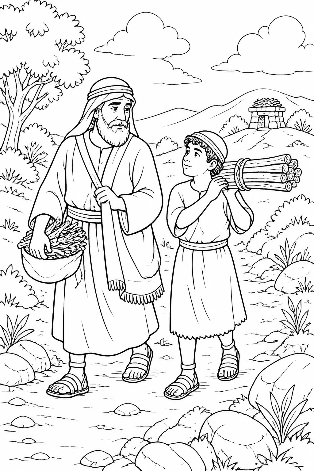 Abraham and Isaac walk together toward the place of offering; Isaac carries wood, Abraham carries fire and a knife, and Isaac asks about the offering.