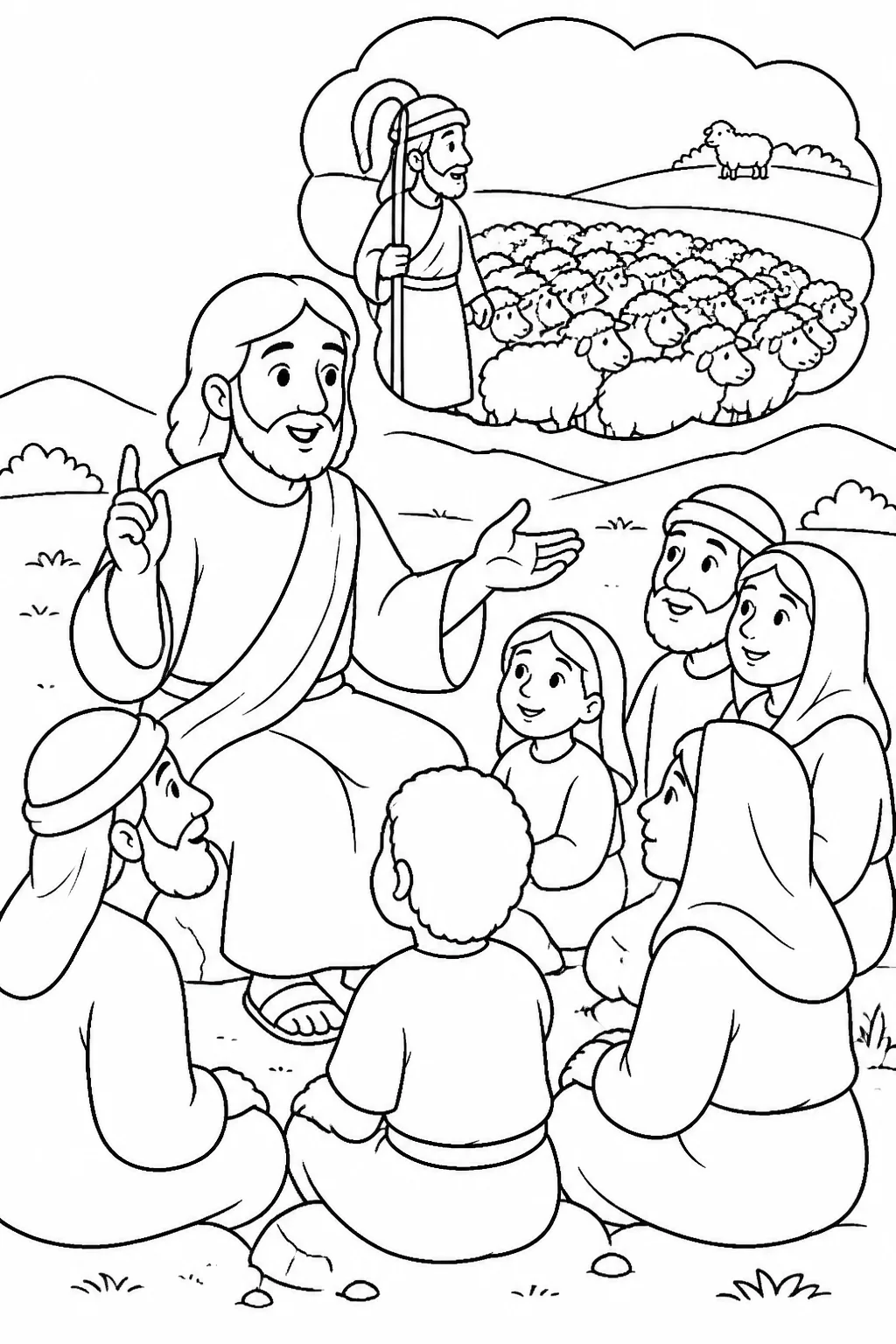 Jesus speaking to people gathered around Him while a shepherd searches for one lost sheep among one hundred sheep in the wilderness.