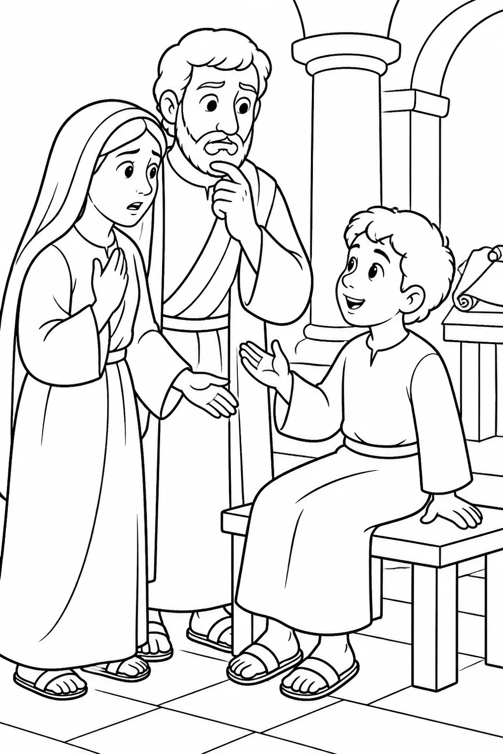 Young Jesus with Mary and Joseph inside the temple after his parents find him, with Jesus referring to his Father’s house or affairs.